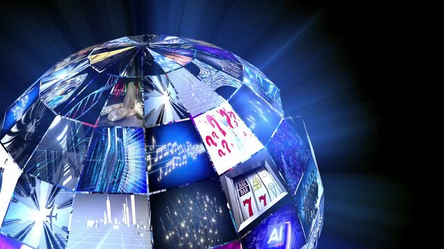 Spinning Media Ball with Many Video Loops with Beams of Light - 3d 4k animation (3840 x 2160 px)