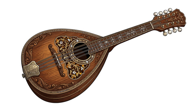 Ornate mandolin instrument with intricate design and gold accents