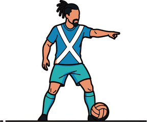 Obraz premium Minimalist Vector Illustration of a Male Soccer Player with Dreadlocks Pointing Forward and Foot on Ball