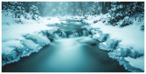 Stylized halftone landscape featuring snowy slopes and winding river valley. © MOSTMONIRA
