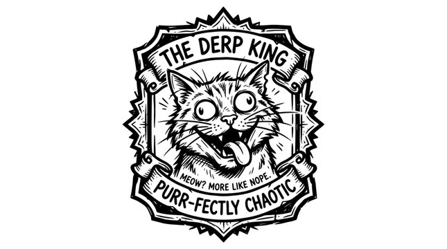 Funny Derpy Cat Face, "The Derp King" Text, Chaotic Meow