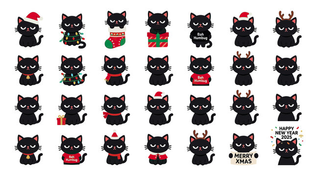 Grumpy Black Cats in Christmas Outfits and Accessories Collection