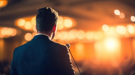 Fototapeta premium Speaker stands at microphone in bright room during event with audience