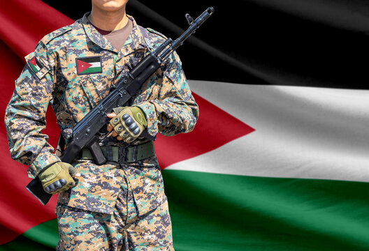 Jordan flag with soldier holding assault rifle