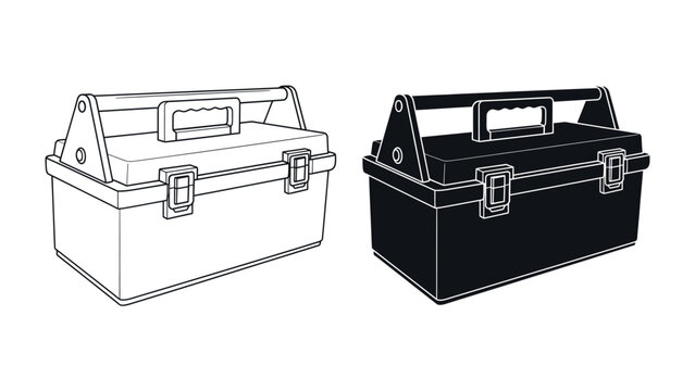 Toolbox: A comparison of an empty toolbox in outline and filled black silhouette, ready for tools.