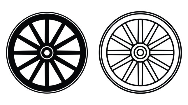 Two wagon wheels black and white silhouette
