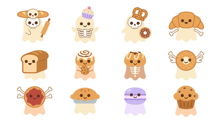 Fototapeta premium Collection of cute cartoon bread and pastry characters with expressive faces and unique designs.
