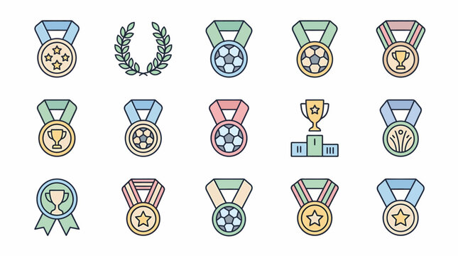 A collection of various sports medals and trophies on display, featuring ribbons and laurels, symbolizing achievement and victory in competitions.