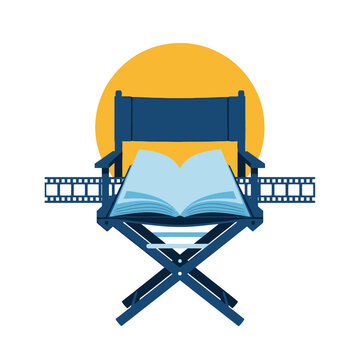 Director chair holding open book with film strip background.