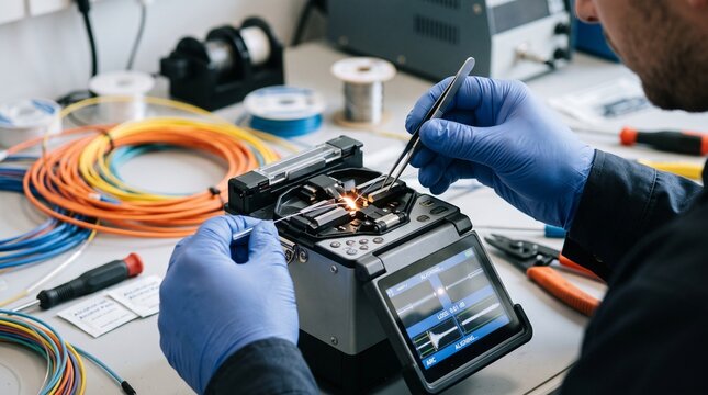 Close up of a technician in blue gloves using a fusion splicer device to connect fiber optic cables in a workshop, technology maintenance, network engineering, industrial work.