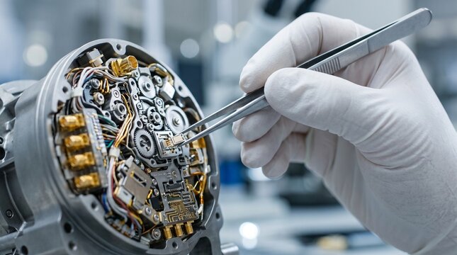 A technician in white gloves uses tweezers to place a microchip inside a circular electronic mechanical device. microelectronics assembly, precision manufacturing, technology innovation.