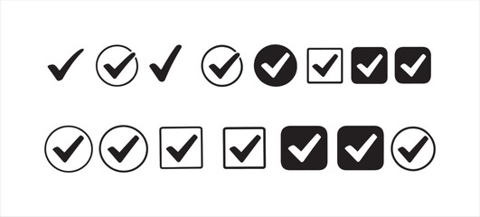 Fototapeta premium Collection of check mark icons including circular square and solid button designs for validation list. Transparent vector icons
