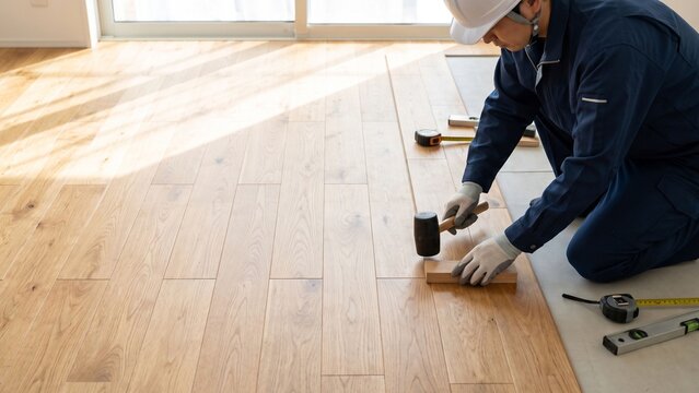 明るい室内で職人がゴムハンマーを使って木目のフローリング材を丁寧に張る新築住宅の内装工事とリフォーム施工イメージ