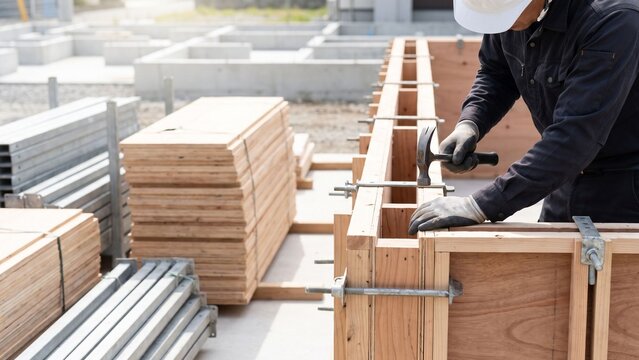 建設現場で職人がハンマーを使って木製型枠を組み立てる住宅基礎工事とコンクリート施工前の準備作業イメージ