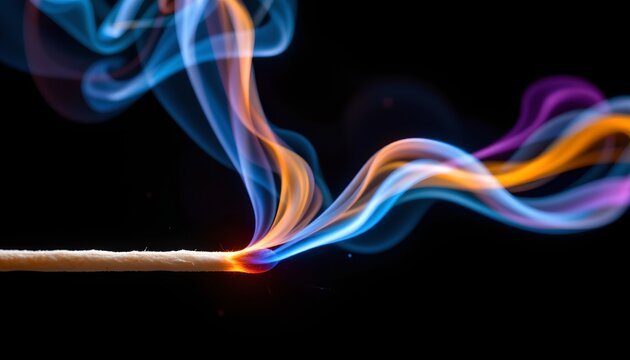 The image depicts a close up view of a single matchstick igniting, with vibrant, colorful smoke emanating from the flame