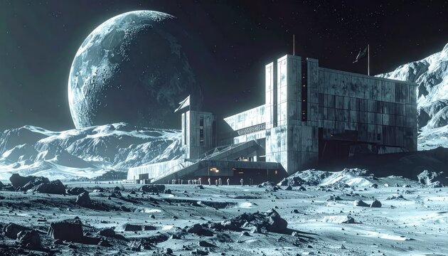 A lunar base sits on a barren moonscape with a giant planet in the background