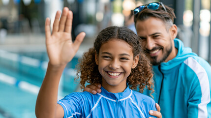 Fototapeta premium Young swimmer celebrating achievement with coach after successful swimming lesson milestone, youth aquatic accomplishment concept, swimming photography, blurred pool background,