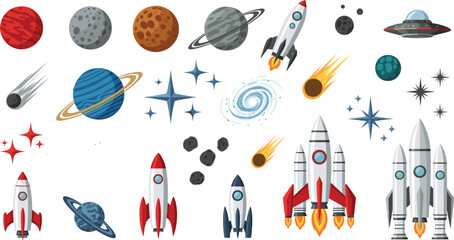 Outer space cartoon rockets, planets, UFO, galaxy, comets, stars, astronomy exploration, cosmic universe elements, science concept, vector illustration © Amazing2026