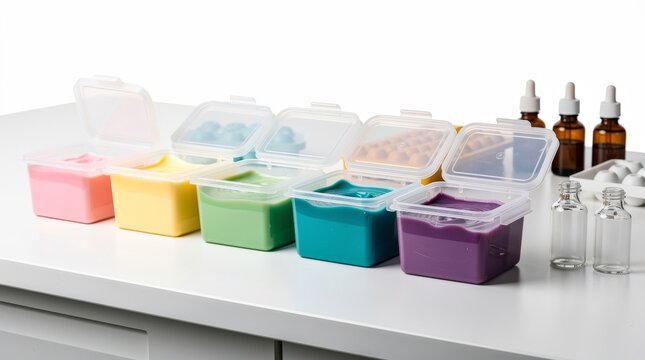 Colorful Food Storage Containers Arranged on a Countertop