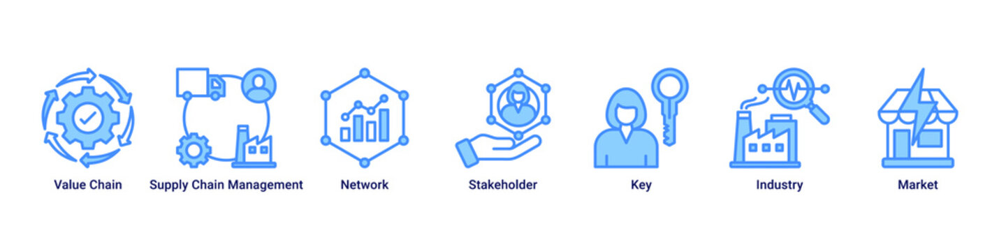 Value Network web banner icon vector illustration with icons of Value Chain, Supply Chain Management, Network, Stakeholder, Key, Industry and Market