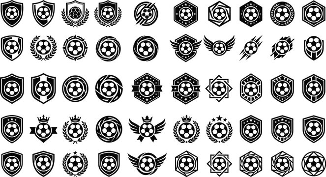 Soccer crest vector line icon set featuring octagram stars heraldic wings sharp shield badges and football team insignias