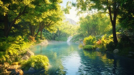 Obraz premium Tranquil turquoise river flows through a lush forest with a distant waterfall and mountain