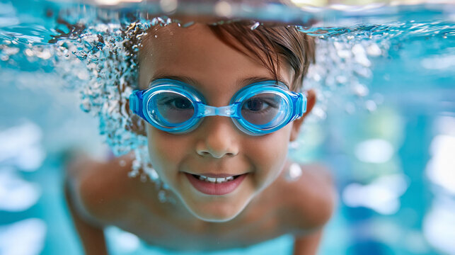 Happy young boy swimming and diving underwater doing breaststroke with fun in pool, active healthy lifestyle concept, family swimming photography, blurred pool background, with