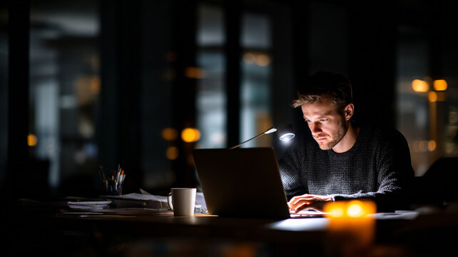 person working late at desk, focused mood, dim light