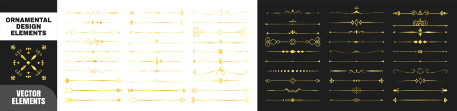 Set of ornamental golden line elements arranged in rows. These decorative vector elements include arrows, curls, hearts, and geometric shapes on transparent background.