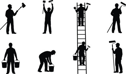 Painter silhouette icon set with 7 black figures using rollers, brushes, buckets, and ladders © Amazing2026