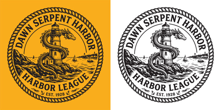Vintage Nautical Emblem Featuring a Lighthouse and Mythical Dragon Serpent