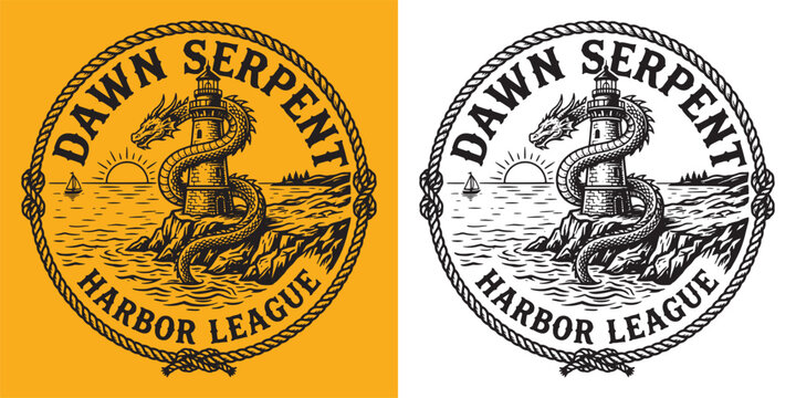 Circular Maritime Badge with Sea Dragon Coiled Around Lighthouse