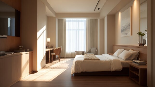clean modern hotel room interior, empty, natural light through window, minimal composition, ultra realistic 8k 