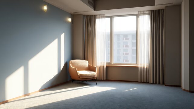 minimalistic hotel interior, empty room, clean and calm atmosphere, natural daylight, ultra detailed 8k 