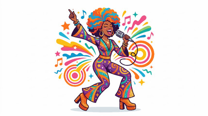 Obraz premium Disco Singer Woman Dancing with Microphone and Colorful Afro