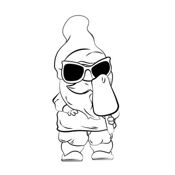Vector illustration of dwarf in sunglasses with ice cream as coloring page for children elementary age. Black white lines.