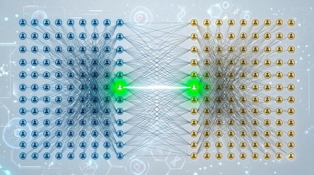 Blue recipient gold donor node grid one green perfect match pair white clinical, transplant AI