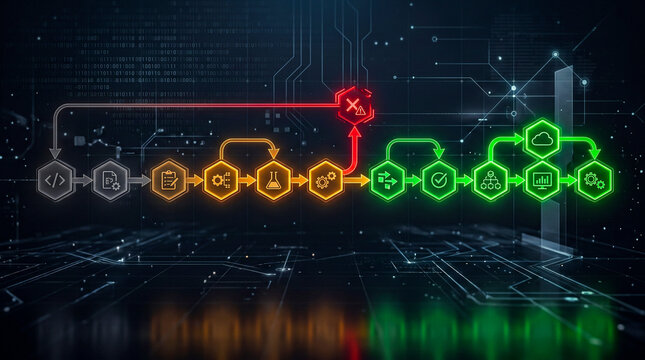 Grey source amber build test green deploy red failures branching dark, CI/CD DevOps concept