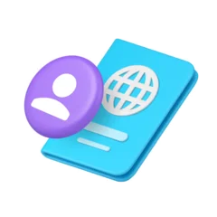 A light purple user profile avatar and a blue global passport icon for identity, travel, international, verification, communication, and security. 3d icon realistic vector illustration. © provectors