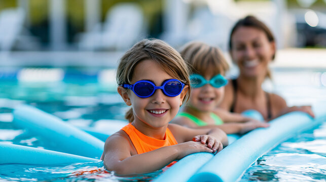 Coach teaching little kids to swim with water noodles in pool during group lesson, youth swimming instruction concept, aquatic education photography, blurred pool background, with