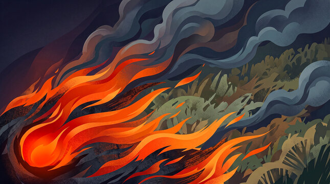 Orange-red wildfire origin spread wind direction green-grey vegetation risk dark urgent, wildfire