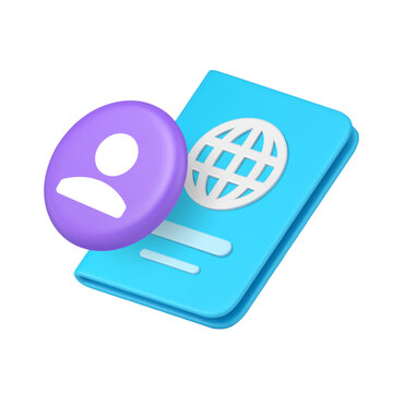 A light purple user profile avatar and a blue global passport icon for identity, travel, international, verification, communication, and security. 3d icon realistic vector illustration.