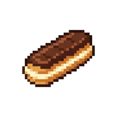 Fototapeta premium Pixel art chocolate eclair vector icon isolated on white background