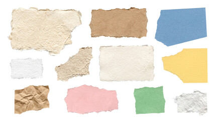 Diverse array of colorful torn paper elements featuring different textures and deckled edges on a...