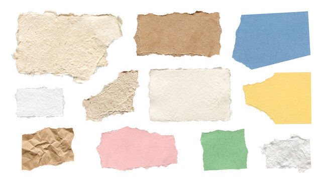Diverse array of colorful torn paper elements featuring different textures and deckled edges on a transparent.