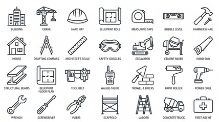 Naklejka premium Collection of construction icons featuring building tools and equipment set