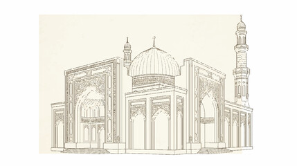 Fototapeta premium Architectural Drawing of a Mosque with Dome and Minaret, Intricate Details
