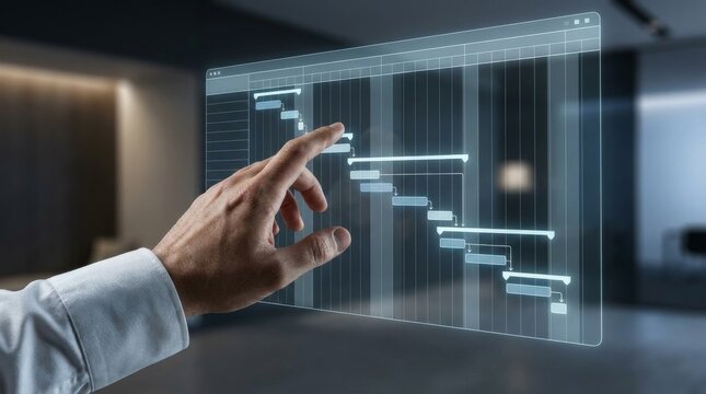 Hand interacting with a digital Gantt chart interface for project scheduling and task management in a modern office.