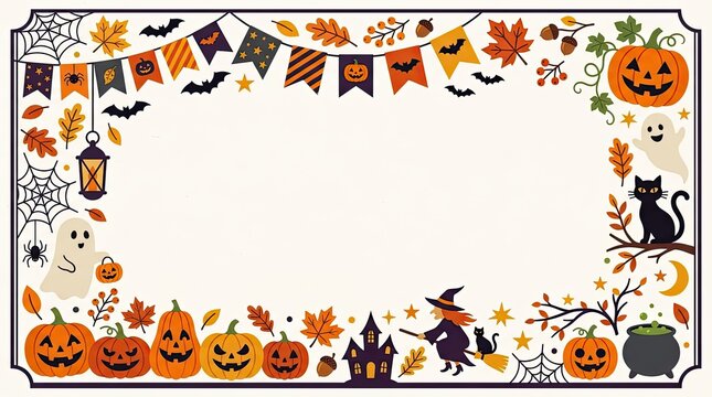 Halloween Party Invitation Border Pumpkin Ghost Witch Cat Frame