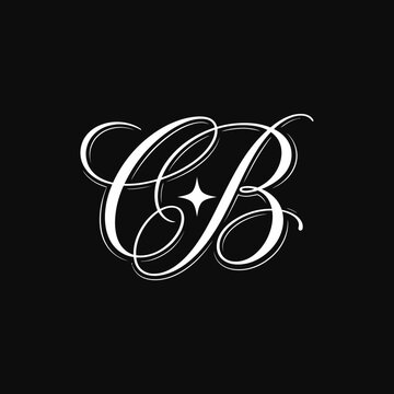 Elegant script monogram CB with star detail on black.